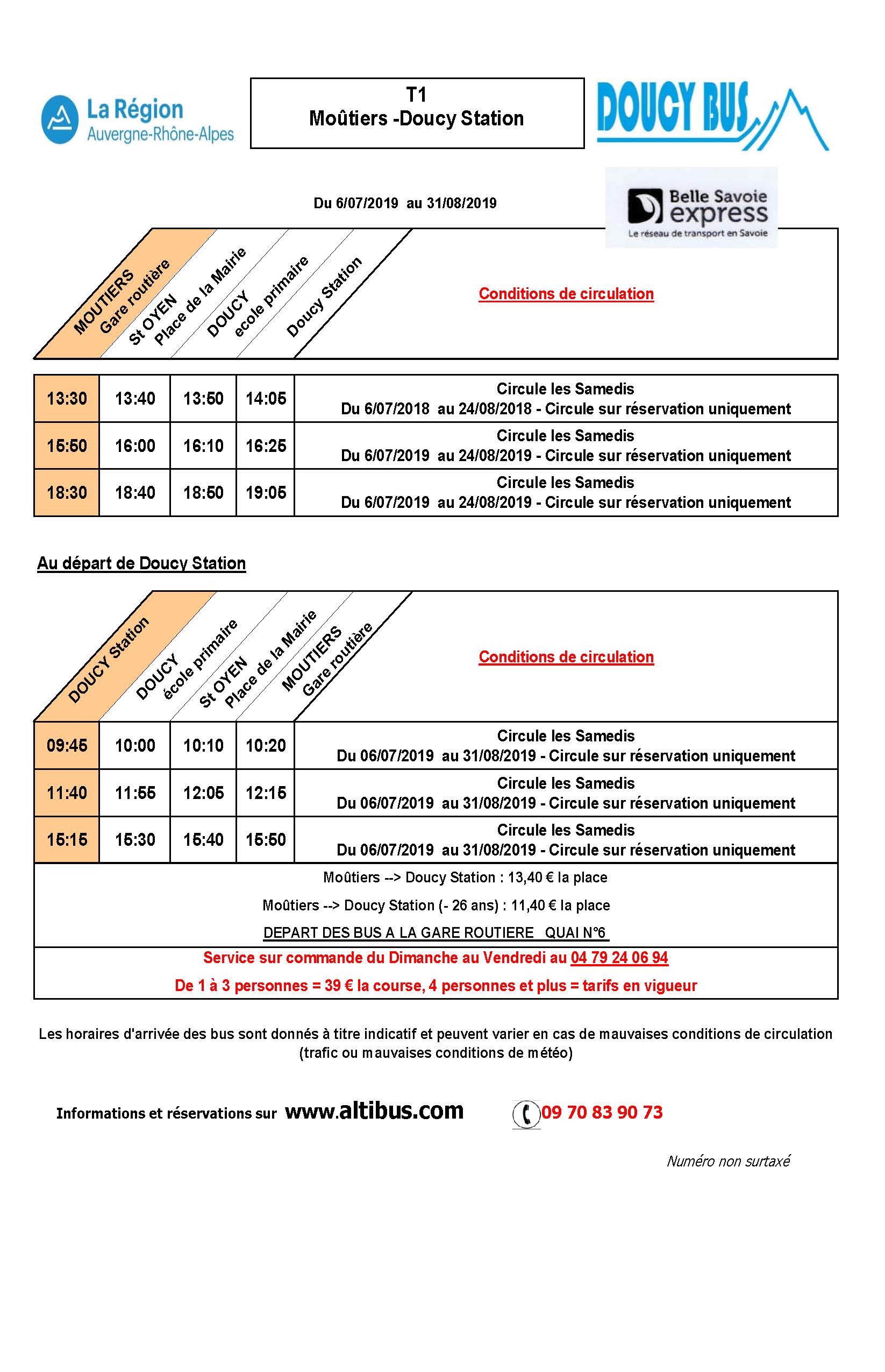 Horaires des navettes entre Moutiers et Doucy Station pour l'été 2019