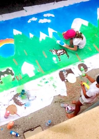 Atelier Fresque, Vacances en famille, Peinture-aquarelle-collage